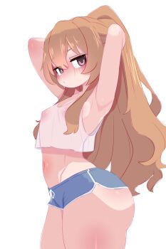 1girl aisaka_taiga angry arms_behind_head arms_up blue_shorts blush breasts brown_eyes brown_hair collarbone covered_erect_nipples crop_top kukuchi581 loli long_hair looking_at_viewer midriff navel shirt short_shorts shorts sidelocks sleeveless sleeveless_shirt small_breasts standing thick_thighs thighs toradora! white_background white_shirt wide_hips