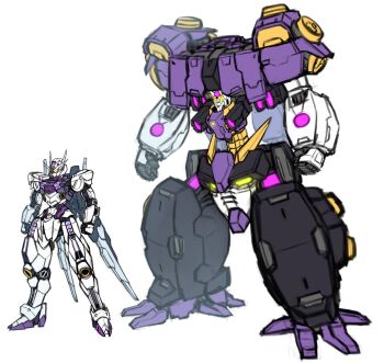 absurdres beam_cannon clenched_hands commentary devil_gundam english_commentary full_body g_gundam glowing glowing_eyes gundam gundam_00 gundam_00_a_wakening_of_the_trailblazer gundam_aerial gundam_build_divers gundam_build_divers_re:rise gundam_raphael gundam_seravee gundam_suisei_no_majo gundam_virtue highres hololive mecha mecha_focus mobile_suit no_humans pinguinkotak redesign robot science_fiction seraphim_gundam size_comparison sketch standing v-fin white_background yellow_eyes