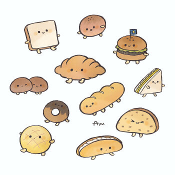 >_< :q ;) artist_name ayu_(mog) baguette bread bread_slice burger closed_eyes closed_mouth commentary commentary_request croissant english_commentary flag food food_focus melon_bread mixed-language_commentary no_humans one_eye_closed open_mouth original romaji_commentary sandwich simple_background smile toast tongue tongue_out white_background