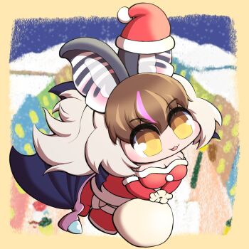 Rule 34 | 1girl, animal ears, bat ears, bat girl, bat wings, breasts, brown eyes, brown hair, brown long-eared bat (kemono friends), christmas, christmas present, cleavage, daisantw, extra ears, full body, gift, grey hair, hat, highres, kemono friends, kemono friends v project, large breasts, long hair, looking at viewer, multicolored hair, santa costume, santa hat, solo, streaked hair, virtual youtuber, wings