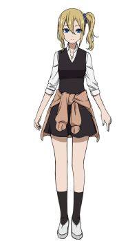 1girl anime_coloring black_socks blonde_hair blue_eyes blue_nails blue_scrunchie breasts brown_cardigan cardigan cardigan_around_waist closed_mouth clothes_around_waist collarbone collared_shirt full_body hair_between_eyes hair_ornament hair_scrunchie hayasaka_ai kaguya-sama_wa_kokurasetai_~tensai-tachi_no_renai_zunousen~ long_hair long_sleeves looking_at_viewer medium_breasts nail_polish official_art school_uniform scrunchie shirt shoes shuuchiin_academy_school_uniform side_ponytail sidelocks simple_background sleeves_rolled_up socks solo standing sweater sweater_around_waist transparent_background white_shirt white_shoes yahiro_yuuko