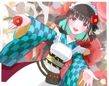 1girl apron black_hair colored_inner_hair flower hair_flower hair_ornament iroha_(rune_factory) japanese_clothes long_sleeves looking_at_viewer maid maid_apron maid_headdress multicolored_hair red_eyes red_flower rune_factory rune_factory:_guardians_of_azuma smile solo vmzdzxnx7fiyoxx white_apron