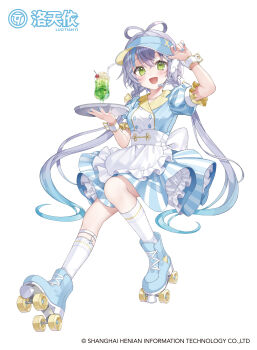 1girl :d absurdres apron back_bow blue_dress blue_hair blue_hat blue_nails blue_shoes bow braid cherry commentary_request company_name copyright_notice cream dress drinking_straw figure_available fingernails food fruit full_body gradient_hair green_eyes grey_hair hair_rings hat headset highres holding holding_tray invisible_chair long_hair looking_at_viewer luo_tianyi melon_soda merchandise_available multicolored_hair nail_polish official_art open_mouth roller_skates sakura_shiori shoes simple_background sitting skates smile socks solo streaked_hair striped_clothes striped_dress tray twintails very_long_hair visor_cap vocaloid waist_apron white_apron white_background white_bow white_socks white_wrist_cuffs wrist_cuffs