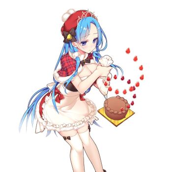 Rule 34 | 1girl, apron, blue eyes, blue hair, bow, bowtie, breasts, brown bow, brown bowtie, cake, capelet, chocolate cake, cleavage, dress, food, frilled apron, frills, fur-trimmed capelet, fur trim, giuniu, hat, hat bow, holding, holding pastry bag, large breasts, long hair, pastry bag, plaid capelet, plaid clothes, red capelet, red hat, santa costume, santa dress, thighhighs, uchi no hime-sama ga ichiban kawaii, vivienne (uchihime), white apron, white thighhighs