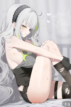 1girl adjusting_clothes adjusting_legwear black_gloves black_hairband black_skirt black_thighhighs breasts closed_mouth commentary_request deyui firenze_(stella_sora) gloves green_hair grey_hair hairband heart highres implied_after_masturbation indoors knee_up large_breasts long_hair looking_at_viewer multicolored_hair sideboob sitting skirt smile solo stella_sora streaked_hair sweat thigh_strap thighhighs torn_clothes torn_thighhighs