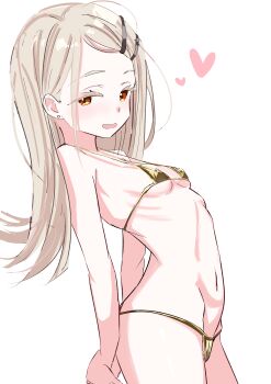 1girl absurdres arms_behind_back bare_shoulders bikini blonde_hair blush breasts covered_erect_nipples cowboy_shot earrings flipped_hair from_side gakuen_idolmaster gold_bikini hair_ornament hairclip heart highres idolmaster jewelry long_hair looking_at_viewer micro_bikini navel nina_(nina_funny1217) open_mouth orange_eyes ribs shinosawa_hiro simple_background small_breasts smile solo swimsuit underboob white_background