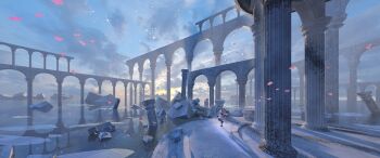 1girl arch artoria_caster_(fate) artoria_caster_(second_ascension)_(fate) artoria_pendragon_(fate) colonnade column commentary_request evening falling_petals fate_(series) flood highres leg_up ocean outdoors petals pillar ruins scenery sisou solo standing standing_on_one_leg very_wide_shot