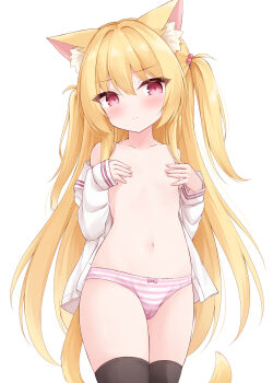 1girl absurdres animal_ear_fluff animal_ears black_thighhighs blonde_hair cat_ears cat_girl cat_tail covering_breasts covering_privates highres loli long_hair mochizuki_riku navel open_clothes open_shirt original panties red_eyes shirt simple_background solo striped_clothes striped_panties tail thighhighs two_side_up underwear white_background white_shirt