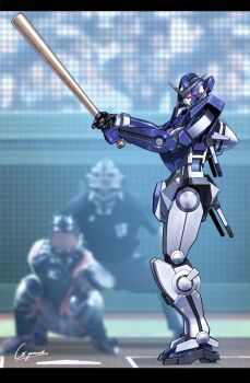 2boys audience baseball baseball_bat baseball_glove baseball_helmet baseball_stadium baseball_uniform batting_stance catcher_(baseball) crowd g.yamamoto glowing glowing_eyes gundam gundam_00 gundam_exia helmet highres los_angeles_dodgers mecha multiple_boys robot signature sportswear umpire v-fin
