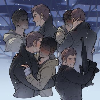 Rule 34 | 2boys, arms around waist, arms up, bandaged hand, bandages, bare tree, beard, blush, brown hair, chris redfield, closed mouth, commentary, couple, english commentary, ethan winters, eye contact, facial hair, grin, gun, hand on another's neck, highres, holding, holding gun, holding weapon, hood, hood down, hoodie, hug, kalamari, long sleeves, looking at another, male focus, multiple boys, multiple views, parted lips, resident evil, resident evil village, shaded face, short hair, sideburns, smile, snow, sweat, sweatdrop, teeth, tree, weapon, yaoi, yellow hoodie