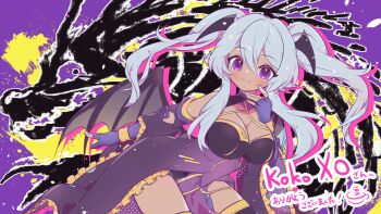 Rule 34 | 1girl, black wings, blush, breasts, cleavage, closed mouth, commentary request, commission, dark-skinned female, dark skin, dragon, drop shadow, elbow gloves, eyelashes, fingerless gloves, gloves, grey hair, hair between eyes, head wings, highres, jacket, long hair, open clothes, open jacket, original, purple background, purple eyes, shiramizore (rate1026), sidelocks, skeb commission, smile, splatter background, translation request, twintails, wings