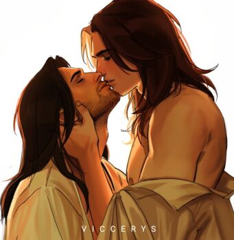 2boys adam's_apple artist_name bare_pectorals brown_hair commentary eyelashes facial_hair from_side hand_on_another's_neck imminent_kiss long_hair male_focus multiple_boys nipples original parted_lips pectorals shirt shirt_partially_removed sidepec simple_background smile upper_body viccerys white_background white_shirt yaoi