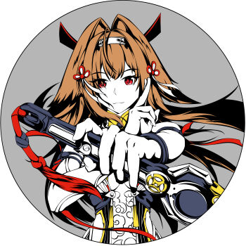 1girl :3 absurdres armlet bare_shoulders border brown_hair china_dress chinese_clothes closed_mouth clover clover_hair_ornament commentary_request dress droopy_ears grey_background hair_ornament hairband highres holding holding_sword holding_weapon jewelry long_hair metal_bracelet nanguibeijiang qingming_sword red_eyes round_border silver_armlet solo sword upper_body weapon white_background white_hairband ye_shunguang zenless_zone_zero