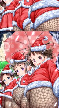 3girls absurdres before_and_after black_hair blush breasts cameltoe censored cleft_of_venus close-up clothes_pull cosplay embarrassed exhibitionism fat_mons female_focus fishnet_pantyhose fishnets flashing full_body greeting higeepon highres huge_filesize loli mosaic_censoring multiple_girls night no_panties no_pants outdoors pants pants_pull pantyhose plump public_indecency pussy santa_costume shorts small_breasts smile split_screen standing tagme thighs tongue tongue_out umbrella