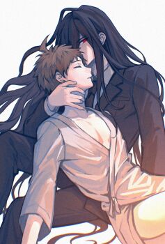 2boys ahoge black_hair black_jacket black_necktie black_pants brown_hair chinese_commentary closed_eyes collared_shirt commentary_request cyacyacyacyaki danganronpa_(series) danganronpa_3_(anime) dual_persona eyes_visible_through_hair film_grain formal_clothes hand_on_another&#039;s_neck highres hinata_hajime hospital_gown jacket kamukura_izuru lapels long_hair long_sleeves male_focus multiple_boys necktie notched_lapels pants red_eyes shirt short_hair simple_background sitting sleeping suit variant_set very_long_hair white_background white_shirt