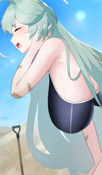 1girl absurdres antenna_hair bandaid blue_archive blue_sky breasts closed_eyes darros desert halo highres large_breasts official_alternate_costume one-piece_swimsuit open_mouth shirt shovel simple_background sky solo sweat sweatdrop swimsuit white_shirt yellow_halo yume_(blue_archive)
