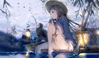 1girl anmi bare_legs barefoot bird black_hair breasts chinese_clothes feet_in_water hat highres lantern long_hair net oar original raft river sitting small_breasts soaking_feet water yellow_eyes
