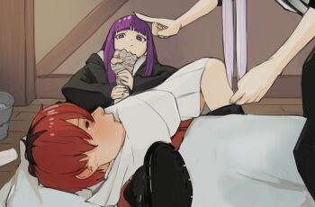1boy 2girls armbar black_coat black_footwear blunt_bangs blush boots bucket coat dress fern_(sousou_no_frieren) frieren head_out_of_frame higemu highres holding_another's_arm indoors lying multiple_girls on_side profile pulling purple_eyes purple_hair red_hair referee shirt short_hair sousou_no_frieren stark_(sousou_no_frieren) striped_clothes striped_shirt twintails vertical-striped_clothes vertical-striped_shirt white_dress white_hair wrestling wwe