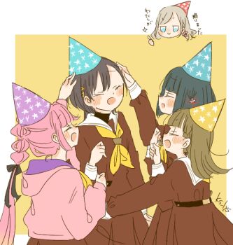 Rule 34 | 5girls, :>, :d, anyoji hime, black hair, black ribbon, blue hat, blunt bangs, blunt ends, blush, bob cut, border, brown dress, brown hair, ceras yanagida lilienfeld, commentary request, dress, flower, flower knot, hair flower, hair ornament, hair ribbon, hasu no shoushihenkei, hasu no sora school uniform, hat, headpat, hood, hood down, hooded jacket, jacket, jellyfish cut, jitome, kachimachi kosuzu, kase (ks lys), katsuragi izumi, link! like! love live!, long hair, long sleeves, love live!, momose ginko, multi-tied hair, multiple girls, neckerchief, open clothes, open jacket, open mouth, outside border, party hat, pink flower, pink jacket, pink ribbon, pleated dress, ponytail, print hat, purple hat, red hat, ribbon, sailor collar, sailor dress, school uniform, short hair, sidelocks, signature, simple background, smile, standing, star (symbol), star print, thumbs up, translation request, triangle hair ornament, twitter username, virtual youtuber, white border, white sailor collar, winter uniform, yellow background, yellow hat, yellow neckerchief