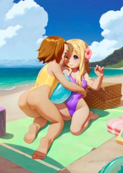 00s 2girls alkemanubis ass ball bare_arms bare_legs barefoot basket beach beachball blonde_hair blue_eyes blue_sky breasts brown_eyes brown_hair cloud covered_navel day feet flower full_body hair_flower hair_ornament highleg highleg_one-piece_swimsuit highres k-on! kneeling kotobuki_tsumugi long_hair looking_at_another multiple_girls ocean on_one_knee one-piece_swimsuit one_eye_closed open_mouth outdoors plant profile sand shadow short_hair sky small_breasts soles swimsuit tainaka_ritsu toes towel water
