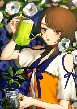 1girl anago_(tokyo_retro_gokko) brown_eyes brown_hair clothing_cutout coffee_pot day fatal_frame fatal_frame:_maiden_of_black_water flower hand_up highres kozukata_yuuri medium_hair outdoors short_sleeves shoulder_cutout solo upper_body watering_can