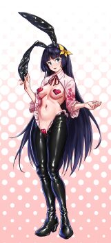 Rule 34 | 1girl, animal ears, black hiphighs, blue eyes, blue hair, boots, breasts, eggprotain, fake animal ears, heart maebari, heart pasties, hiphighs, ikizulive! love live! bluebird, komagata hanabi, long hair, long sleeves, love live!, maebari, medium breasts, pasties, pink shrug, rabbit ears, red background, reverse bunnysuit, reverse outfit, shrug (clothing), solo