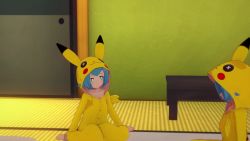 1boy 3d 4girls animated armpits ass bed bed_sheet bedroom blue_eyes blue_hair blue_one-piece_swimsuit blue_shirt blue_skirt bouncing_breasts breasts clothed_female_nude_male cosplay covered_erect_nipples covering_own_mouth feathermapleleaf futon gen_1_pokemon harper_(pokemon) highres indoors japanese_house koikatsu_(medium) lana&#039;s_mother_(pokemon) lana_(pokemon) large_breasts medium_breasts medium_hair missionary mouth_hold multiple_girls nintendo nude one-piece_swimsuit onesie pencil_skirt pikachu pikachu_(cosplay) pillow pokemon pokemon_(anime) pokemon_(creature) pokemon_sm_(anime) sarah_(pokemon) shirt short_hair skirt sleepwear sliding_doors stealth_sex swimsuit tagme thick_thighs thighs vaginal video