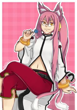 Rule 34 | 1girl, animal ears, artist name, blazblue, blazblue: calamity trigger, border, candy, cat ears, cat tail, crossed legs, female focus, food, glasses, highres, kokonoe (blazblue), lolitaii, lollipop, multiple tails, navel, nekomata, orange eyes, outline, outside border, pink hair, signature, sitting, slit pupils, smug, solo, tail, two tails, white border, wrist cuffs