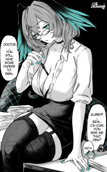 1girl alternate_costume aqua_nails aqua_wings arknights between_breasts black_thighhighs breasts desk doctor_(arknights) furauji garter_straps glasses grey_hair head_wings ho'olheyak_(arknights) large_breasts monochrome nail_polish office_lady on_desk paper paper_stack partially_unbuttoned pen pencil_skirt shirt sitting skirt snake_tail speech_bubble tail thighhighs two-tone_wings unbuttoned unbuttoned_shirt white_shirt wings