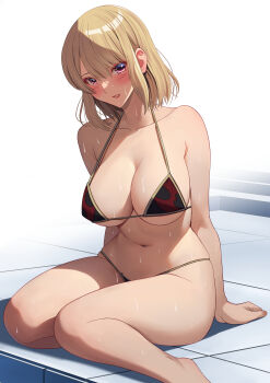 1girl absurdres akihiro0920 alternate_costume armpit_crease bikini black_bikini blonde_hair blush breasts cha_hae-in cleavage collarbone commentary_request curvy highres large_breasts looking_at_viewer multicolored_bikini navel paid_reward_available parted_lips pool purple_eyes red_bikini short_hair sideboob sitting solo solo_leveling stomach swimsuit thighs tile_floor tiles two-tone_bikini wet