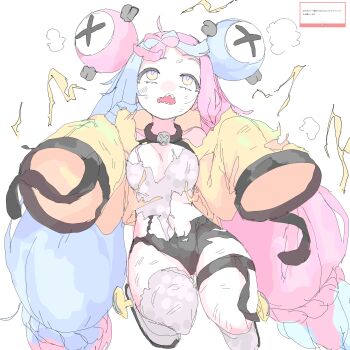 Rule 34 | absurdres, bow-shaped hair, character hair ornament, hair ornament, hexagon print, highres, iono (pokemon), jacket, mocamocaink, nintendo, oversized clothes, pokemon, pokemon sv, sharp teeth, single leg pantyhose, sleeves past fingers, sleeves past wrists, teeth, x (symbol), yellow jacket