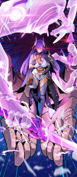 1girl \m/ absurdres angry armor blue_background blunt_bangs breasts cleavage closed_mouth commentary english_commentary eye_trail fake_horns floating full_body genshin_impact glaring glint glowing glowing_eyes glowing_sword glowing_weapon gradient_hair headpiece highres holding holding_sword holding_weapon horns huge_breasts humanoid_robot japanese_armor joints katana large_breasts light_trail long_hair looking_at_viewer mechanical_arms mechanical_hands mipoog multicolored_hair purple_eyes purple_hair raiden_shogun raiden_shogun_(magatsu_mitake_narukami_no_mikoto) red_eyes robot robot_joints serious shoulder_armor sky solo star_(sky) starry_sky sword weapon wind