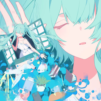 1girl absurdres bare_arms bare_shoulders blue_hair book chiiwan closed_eyes collarbone commentary_request double-parted_bangs dress hair_between_eyes hatsune_miku highres long_hair multiple_views open_mouth paint_palette plant potted_plant sleeveless sleeveless_dress spaghetti_strap through_window twintails very_long_hair vocaloid white_dress window