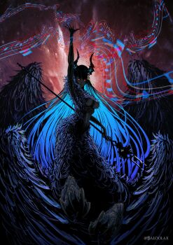 1girl absurdres arm_up artist_name baloolax black_hair blue_hair breasts chimera claws feathers glowing glowing_eyes hair_ornament highres holding holding_staff hololive hololive_english horns large_breasts long_hair looking_at_viewer multicolored_background nerissa_ravencroft red_eyes solo staff virtual_youtuber wings