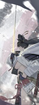 1girl absurdres armor bare_legs black_hair breast_curtains breasts cowboy_shot detached_sleeves electricity expressionless fate/grand_order fate_(series) feather_hair_ornament feathers from_side hair_ornament hair_tie_in_mouth highres holding holding_sheath holding_sword holding_weapon japanese_armor katana kusazuri large_breasts long_hair long_sleeves looking_to_the_side medium_breasts midriff mouth_hold no_bra outdoors purple_eyes revealing_clothes serious sheath shoulder_armor sideboob smoke sode solo sparks sword ushiwakamaru_(fate) very_long_hair weapon white_sleeves ziki_(gkdlfnzo1245)