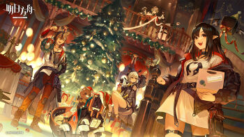 1boy 3girls :d arknights belt black_choker black_hair black_jacket blue_eyes boots box brown_hair chinese_commentary choker christmas christmas_ornaments christmas_present christmas_tree closure_(arknights) commentary_request copyright_name drone dutch_angle fur-trimmed_headwear fur_trim gift gift_box grey_hair hat highres holding holding_box indoors jacket lambda_(arknights) leaf_(arknights) long_hair long_shirt long_sleeves magenaiman3 mayer_(arknights) multiple_belts multiple_girls non-humanoid_robot off_shoulder official_art open_clothes open_jacket open_mouth pants pointy_ears puffy_long_sleeves puffy_sleeves red_eyes red_hat red_pants robot robot_animal robot_dog santa_hat second-party_source shirt short_hair sitting smile stainless_(arknights) standing stuffed_animal stuffed_toy teeth thigh_strap upper_teeth_only weedy_(arknights) white_shirt