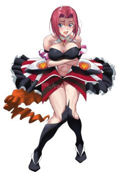 1girl black_boots black_bra blue_eyes blush boots bra breasts cleavage code_geass cosplay don_(rg06268) embarrassed frilled_skirt frills full_body hair_between_eyes kouzuki_kallen leaning_forward looking_at_viewer macross macross_delta medium_breasts mikumo_guynemer mikumo_guynemer_(cosplay) navel open_mouth red_skirt skirt solo striped_clothes striped_skirt sweat transparent_background twitter_username underwear voice_actor_connection watermark white_background white_skirt