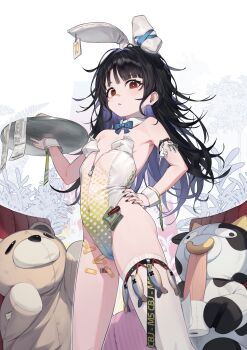 1girl absurdres animal_ears arm_strap armband armpits asymmetrical_legwear bandaid bandaid_on_face bandaid_on_leg bandaid_on_nose banknote barcode black_hair black_nails blue_bow blue_bowtie blunt_bangs blush bow bowtie c-ms_(girls'_frontline) clothes_writing collar colored_inner_hair covered_navel detached_collar di_le_to ear_tag fake_animal_ears fingernails flat_chest from_below girls'_frontline hand_on_own_hip highleg highleg_leotard highres holding holding_plate holding_tray jewelry leotard long_hair messy_hair mole mole_under_eye money multicolored_hair nail_polish open_mouth oversized_breast_cup petite plant plate playboy_bunny polka_dot purple_hair rabbit_ears red_eyes ribbon see-through_clothes see-through_leotard single_thighhigh solo standing strapless strapless_leotard stuffed_animal stuffed_cow stuffed_toy tag teddy_bear thigh_strap thighhighs thighs toilet_paper tray tree tucked_money two-tone_hair white_collar white_leotard white_thighhighs wrist_cuffs zipper zipper_pull_tab