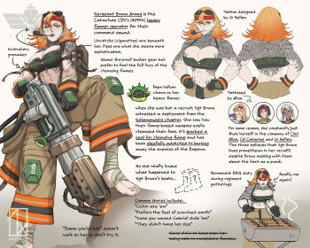 Rule 34 | 4girls, abs, alisa krova, armor, artist logo, artist name, astra militarum, bandana, barefoot, black gloves, blonde hair, breasts, brown hair, brunn arang, catachan jungle fighter, chihiro catarine, earrings, english text, explosive, firefighter jacket, flamethrower, foot wraps, fuel tank, gloves, goggles, goggles on head, green armor, green eyes, grenade, grill, hellen auricaelia artha, highres, holding, holding flamethrower, holding weapon, imperium of man, jacket, jewelry, large breasts, latin text, logo, long hair, multiple girls, muscular, muscular female, orange eyes, orange hair, original, red bandana, red hair, short hair, smile, smoking pipe, snarling, tattoo, vulkan, warhammer 40k, weapon, white hair, zephart