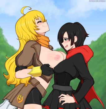 2girls afrobull age_difference ahoge arched_back bad_id bad_pixiv_id black_hair blonde_hair blush breast_envy breasts breasts_out cape ceyes_closed corset fingerless_gloves gloves highres incest long_hair looking_at_another looking_down medium_breasts multiple_girls nipples no_bra open_mouth orange_scarf red_cape ruby_rose rwby scarf siblings sisters smile standing wavy_hair yang_xiao_long