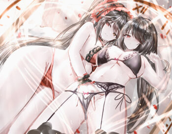 2girls absurdres age_fx azur_lane bikini black_bra black_garter_belt black_garter_straps black_hair black_panties black_thighhighs bra breasts chinese_commentary clock commentary_request date_a_live dual_persona fingering garter_belt garter_straps hair_over_one_eye hand_under_clothes heterochromia highres large_breasts lingerie long_hair multiple_girls navel official_alternate_costume panties red_bikini red_eyes red_headdress selfcest smile stomach swimsuit thighhighs thighs tokisaki_kurumi tokisaki_kurumi_(spirit) tokisaki_kurumi_(twin_rose) underwear very_long_hair yellow_eyes yuri