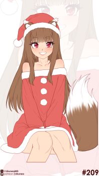 1girl absurdres animal_ears bare_shoulders blush brown_hair christmas collarbone commentary dress english_commentary hat highres holo likunea long_hair patreon_logo patreon_username red_eyes red_shirt santa_costume santa_dress santa_hat shirt sidelocks simple_background sitting smile solo solo_focus spice_and_wolf tail twitter_username twitter_x_logo wolf_ears wolf_girl wolf_tail zoom_layer