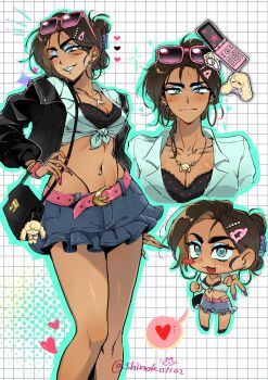 1girl alien_stage alternate_costume bag bag_charm belt black_bag black_bra black_jacket blue_eyes blue_eyeshadow blush_stickers bra brown_hair cellphone charm_(object) commentary crop_top dark-skinned_female dark_skin eyeshadow eyewear_on_head flip_phone frilled_skirt frills grid_background gyaru gyaru_v hair_bun hair_ornament hairclip heart highres hyuna_(alien_stage) jacket jewelry makeup miniskirt navel_piercing necklace phone piercing pink-framed_eyewear pink_belt shinoko1102 shirt shoulder_bag single_blush_sticker skirt spoken_heart sunglasses underwear v white_shirt