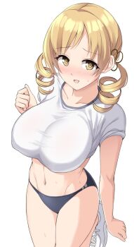 1girl arm_at_side black_buruma blonde_hair blush breasts buruma cleavage commentary_request drill_hair gym_shirt highres large_breasts long_hair mahou_shoujo_madoka_magica mahou_shoujo_madoka_magica_(anime) navel open_mouth shirt shoes smile sneakers solo tomoe_mami twin_drills white_background white_shirt white_shoes yellow_eyes zwei_(santanawamuujojo)