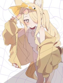 1girl animal_ear_fluff animal_ears blonde_hair blue_archive blush breasts clothing_cutout commentary diamond_cutout fox_ears fox_girl halo highleg highleg_one-piece_swimsuit highres jacket long_hair looking_at_viewer official_alternate_costume one-piece_swimsuit open_clothes open_jacket pink_eyes seia_(blue_archive) seia_(swimsuit)_(blue_archive) small_breasts solo standing sunglasses swimsuit tinted_eyewear untranslatable_commentary visor_cap white_one-piece_swimsuit yamanonba yellow-tinted_eyewear yellow_halo yellow_jacket