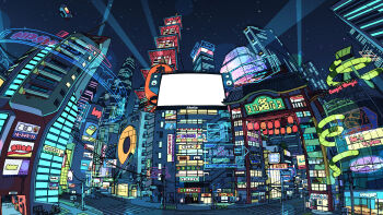 absurdly_detailed_composition aircraft akabane_1999 architecture billboard building city city_lights cityscape commentary_request complex_exterior crosswalk cyberpunk dirigible door east_asian_architecture highres intersection lamppost night no_humans original outdoors power_lines road scenery shop sign sky skyscraper spotlight star_(sky) starry_sky street tower traffic_light translation_request utility_pole window