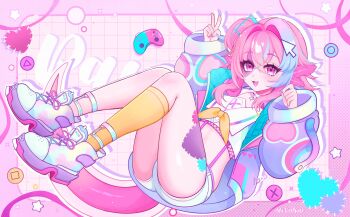 1girl absurdres aki_hoshino blue_hair commission controller cursor fishnets game_controller hair_intakes heart highres indie_virtual_youtuber jacket multicolored_hair open_clothes open_jacket open_mouth pawshies_(vtuber) pink_eyes pink_hair purple_jacket ribbon shoes short_shorts shorts single_sock socks solo star_(symbol) stitched_face stitched_leg stitches streaked_hair suspenders v vgen_commission virtual_youtuber white_shorts yellow_ribbon yellow_socks