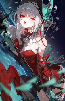 1girl absurdres angelfish aqua_gloves aqua_hat arknights ascot bare_shoulders black_ascot blurry blurry_foreground breast_press breasts clothing_cutout commentary_request cowboy_shot detached_sleeves dress dutch_angle fish flying_fish gloves hair_between_eyes hair_ornament hair_ribbon hat highres holding holding_staff korean_commentary leg_ribbon long_hair long_sleeves looking_at_viewer lying medium_breasts nabezuru navel_cutout off-shoulder_dress off_shoulder official_alternate_costume on_side open_mouth red_dress red_eyes red_ribbon red_sleeves ribbon skadi_(arknights) skadi_the_corrupting_heart_(arknights) solo staff tropical_fish very_long_hair water white_hair