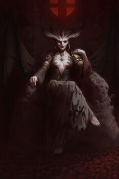 1girl absurdres barefoot black_dress breasts cleavage crossed_legs dark_background demon_girl demon_horns demon_wings diablo_(series) dress fingernails heterochromia highres horns lilith_(diablo) looking_at_viewer medium_breasts miki_art sharp_fingernails sharp_toenails sitting solo toenails wings
