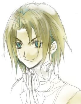 1boy ascot blonde_hair blue_eyes commentary_request final_fantasy final_fantasy_ix hinokami looking_to_the_side lowres male_focus medium_hair neck_ribbon partially_colored ribbon sketch sleeveless smile solo upper_body white_background zidane_tribal